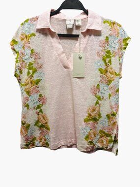 Joie Pink Floral Print 100% Linen V-Neck Short Sleeve Top Size S